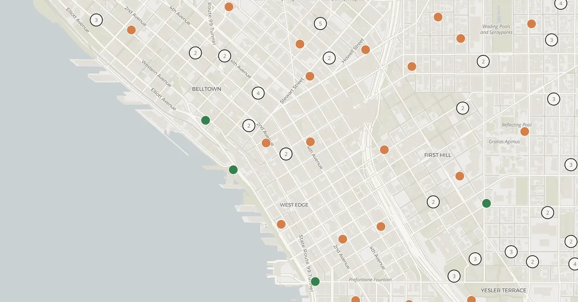 Map of active development projects in downtown Seattle